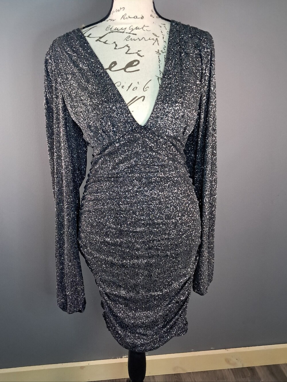 Windsor Women's M Sparkle Black Bodycon Mini Dress Plunge V Neck Sheer Sleeves